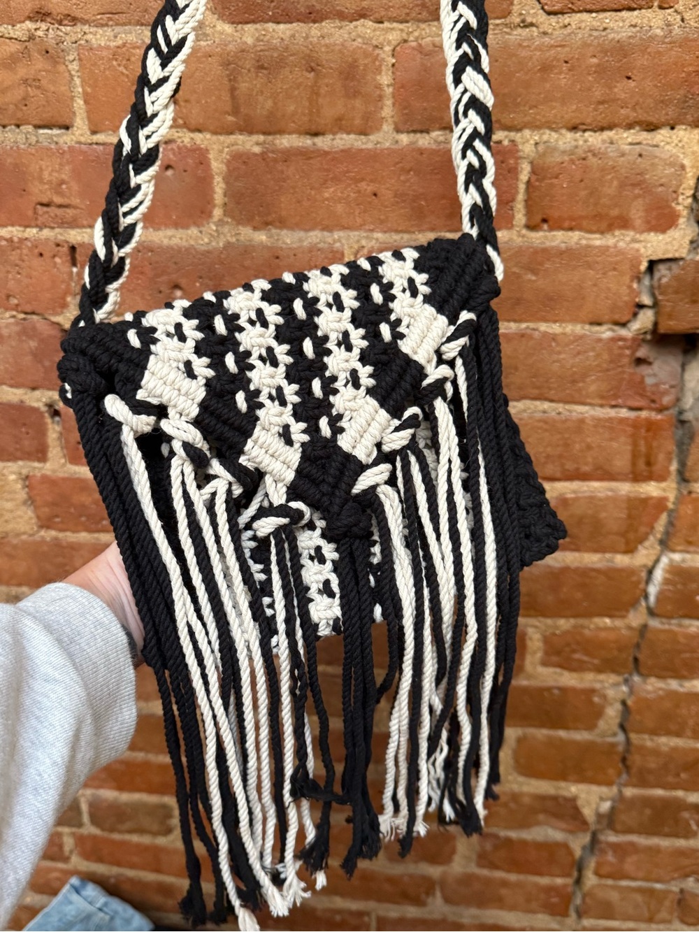 Boho Black & White Crochet Fringe Crossbody Bag - Picture 3 of 5